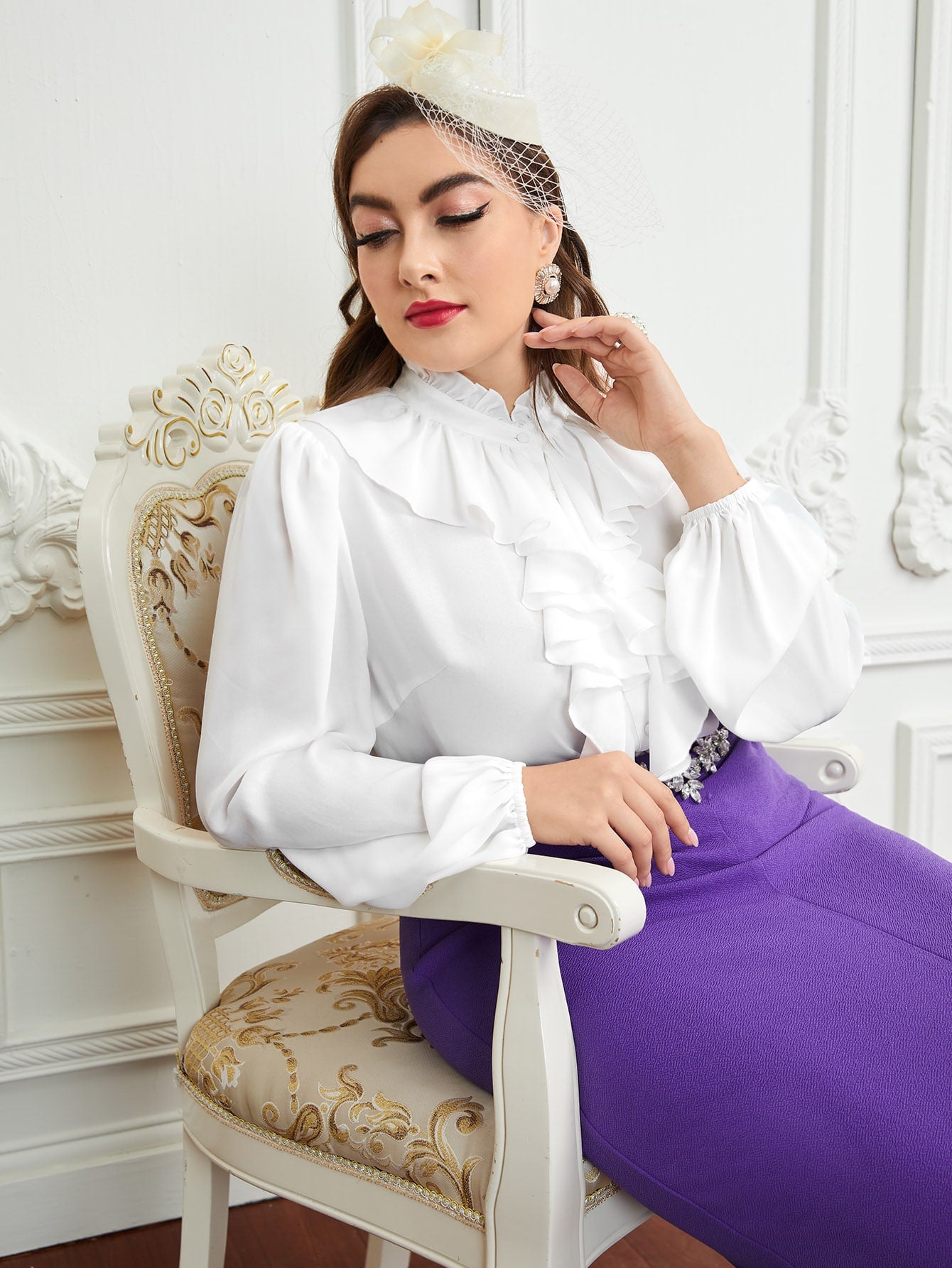 Modely Plus Ruffle Trim Lantern Sleeve Blouse