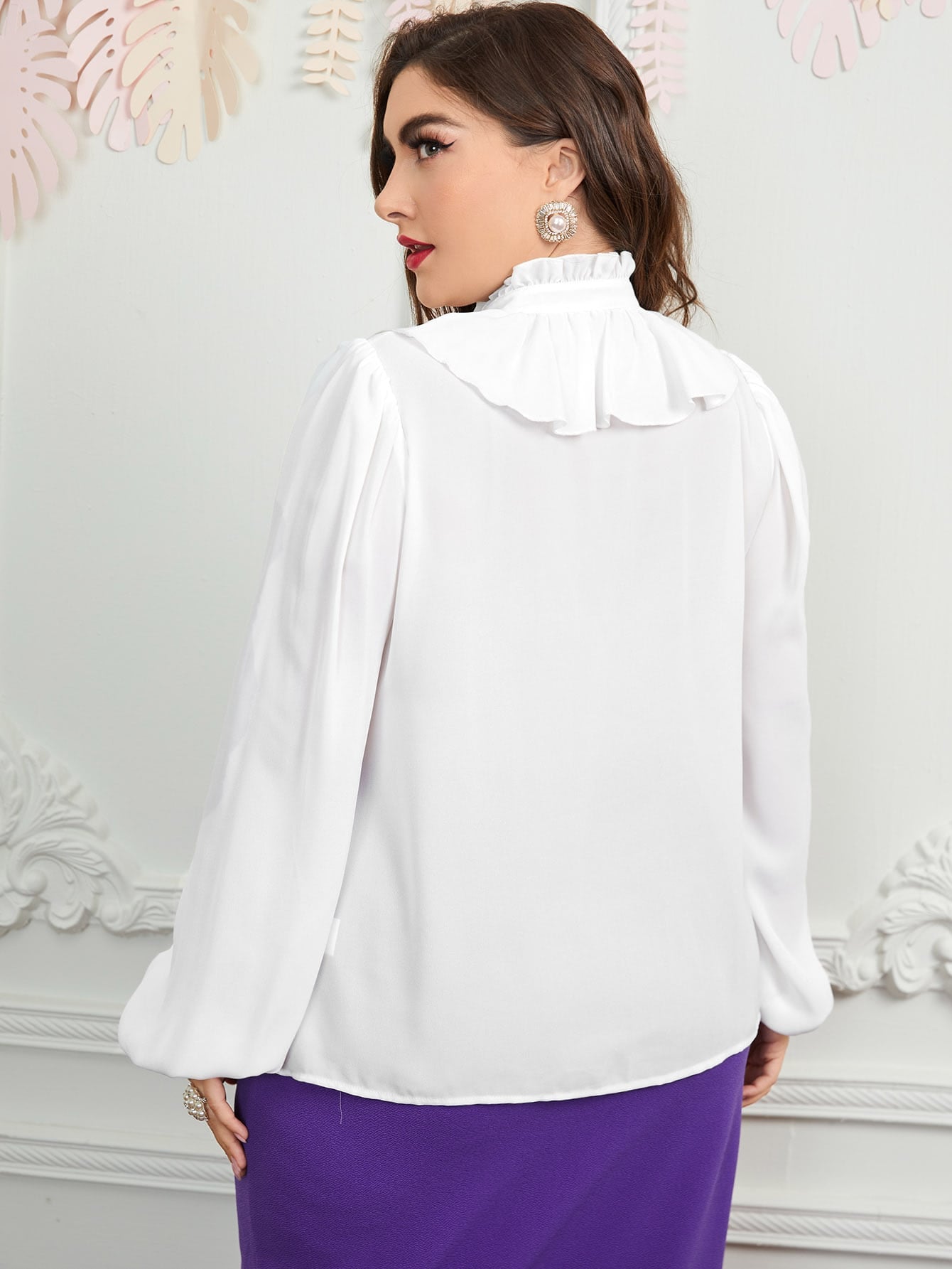 Modely Plus Ruffle Trim Lantern Sleeve Blouse