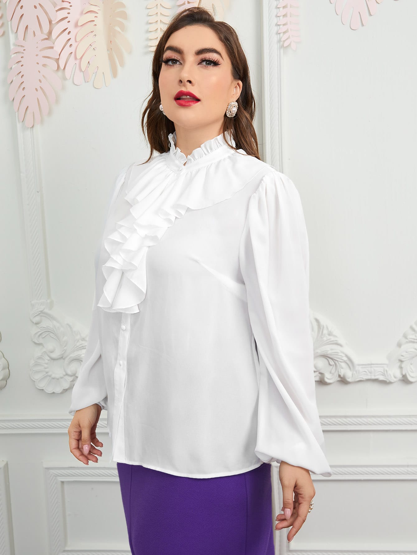 Modely Plus Ruffle Trim Lantern Sleeve Blouse