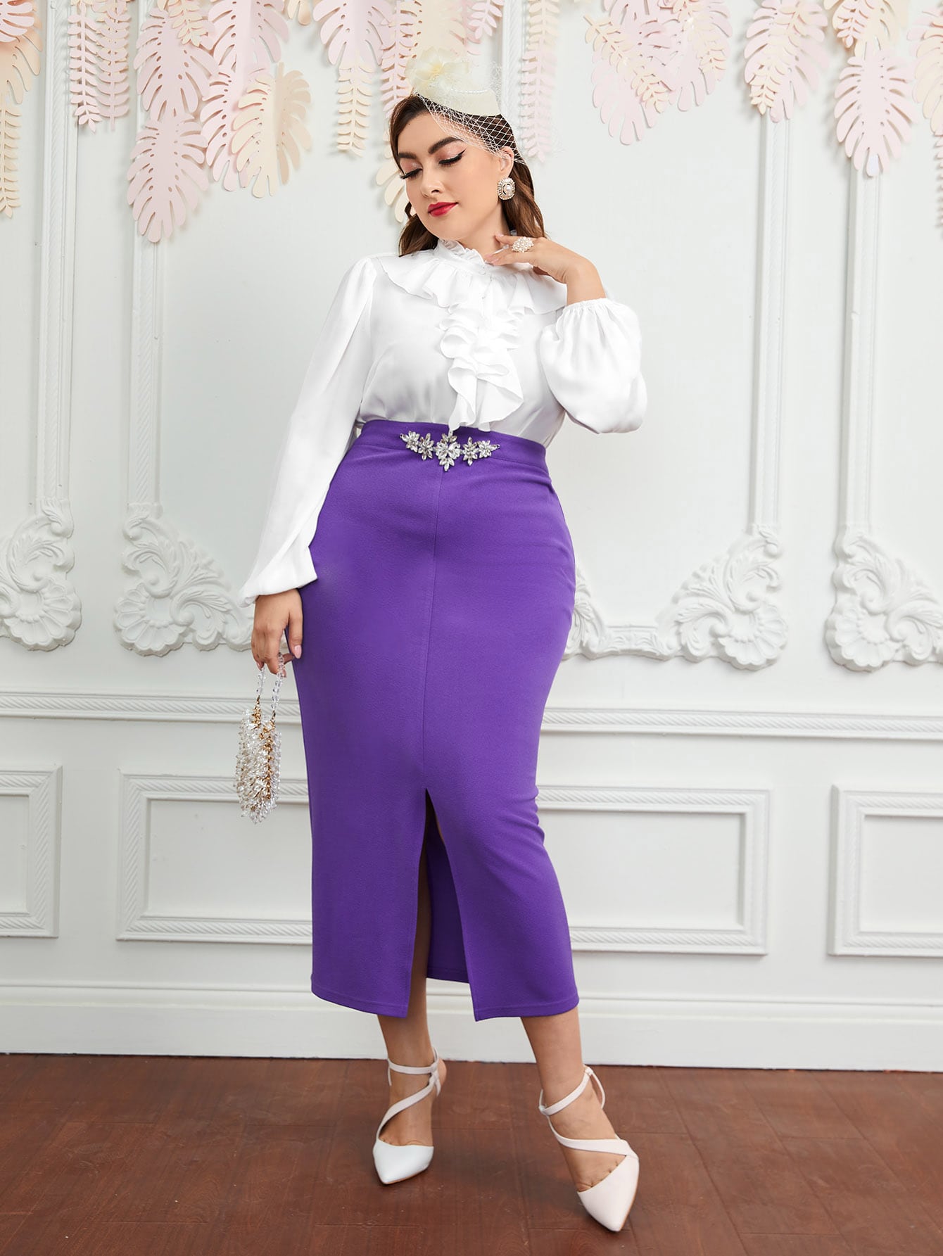 Modely Plus Ruffle Trim Lantern Sleeve Blouse