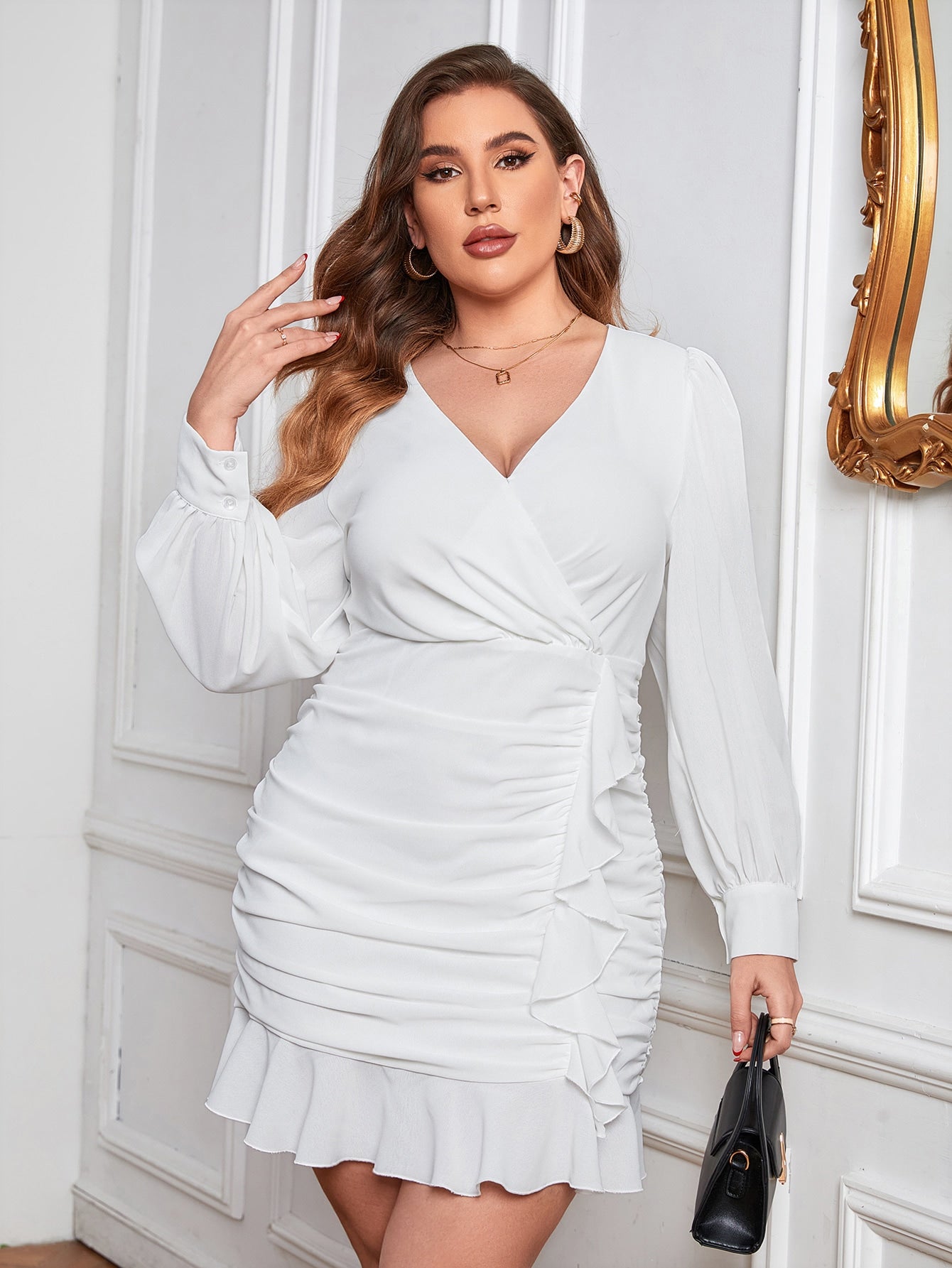 Plus Surplice Neck Ruched Ruffle Trim Ruffle Hem Dress