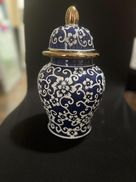 Blue,white & gold sopera flower design.